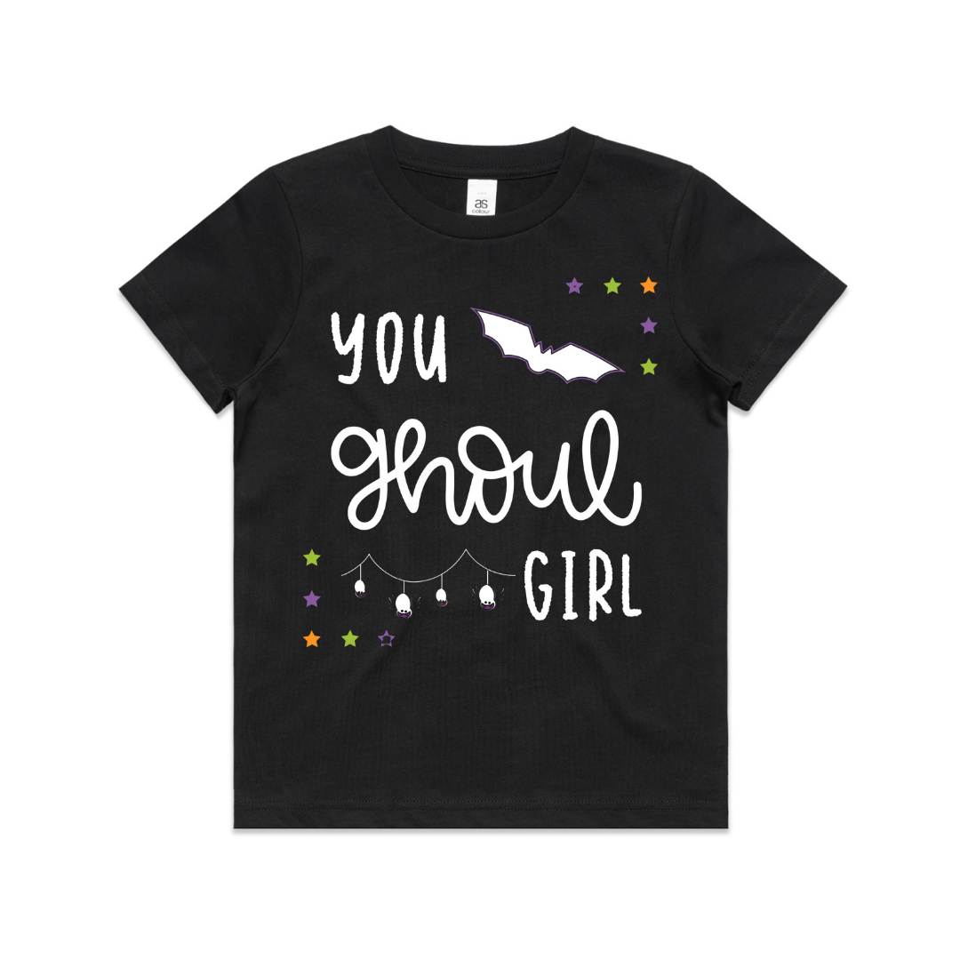 Black t-shirt with purple, green and orange stars with white vinyl that says You Ghoul Girl. A white bat and white spider web.