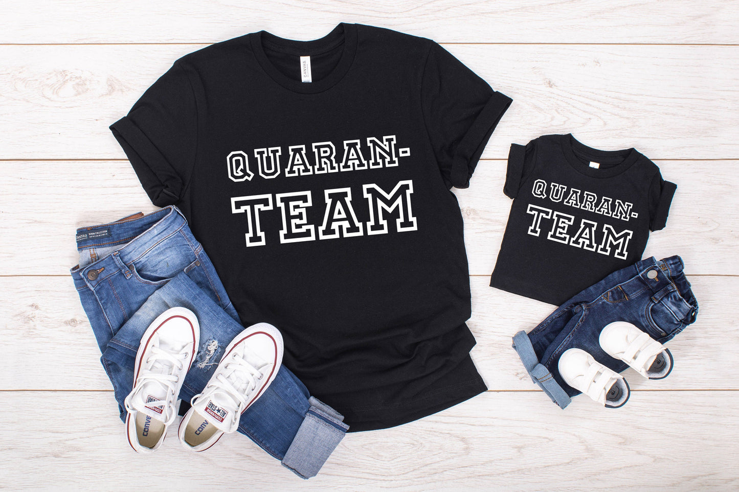QUARAN-TEAM Adult/ Toddler/ Baby T-Shirt/ Romper with custom name to the back.