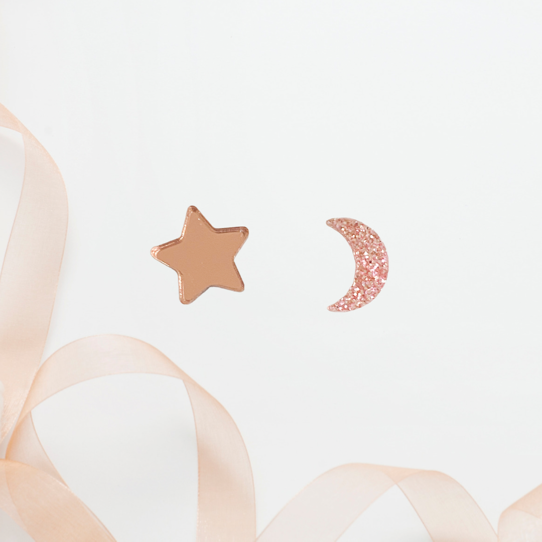 Moon and Stars Rose Gold Acrylic Stud Earrings