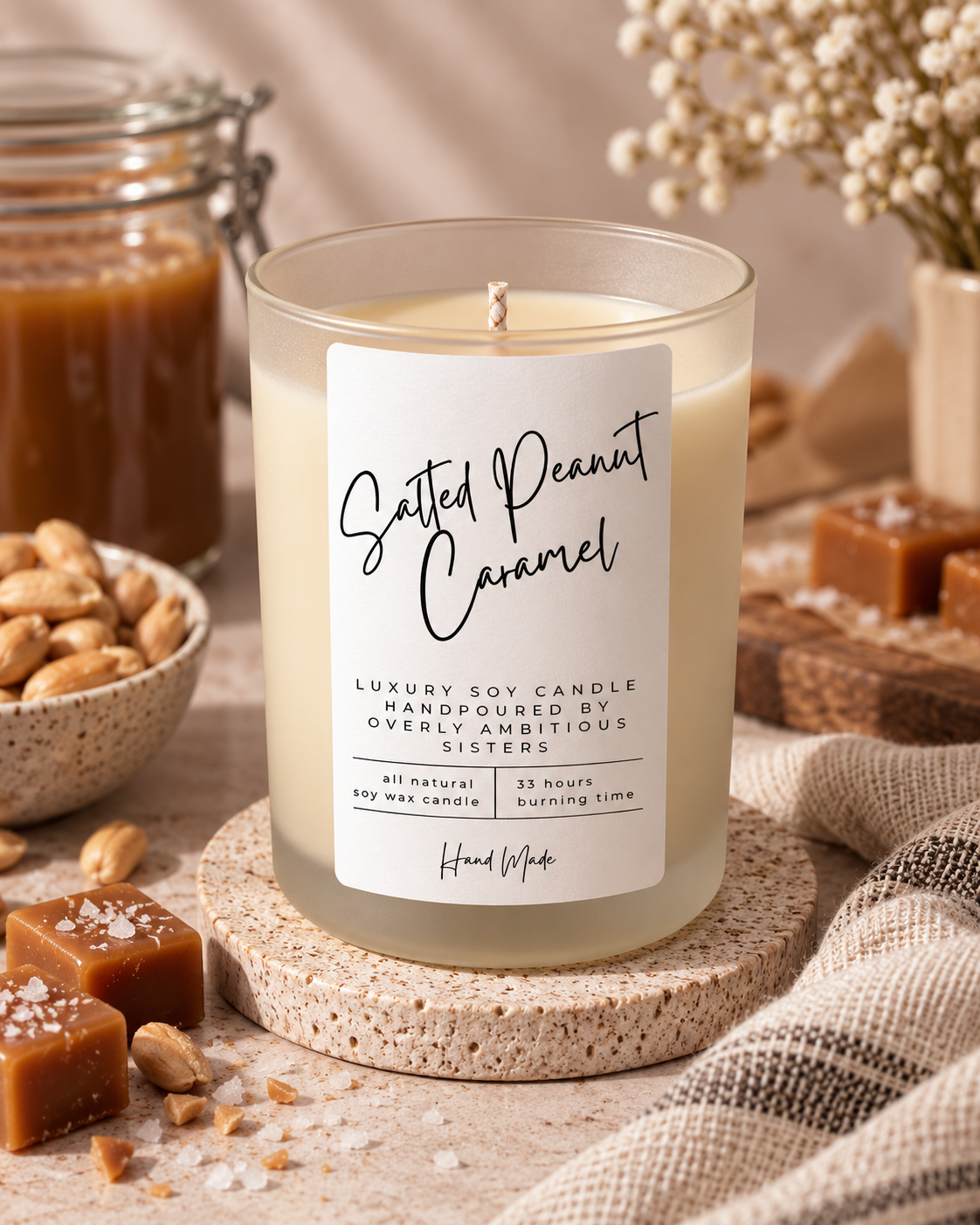 Hand poured 100% Natural Soy Candle | Salted Peanut Caramel | Medium Candle