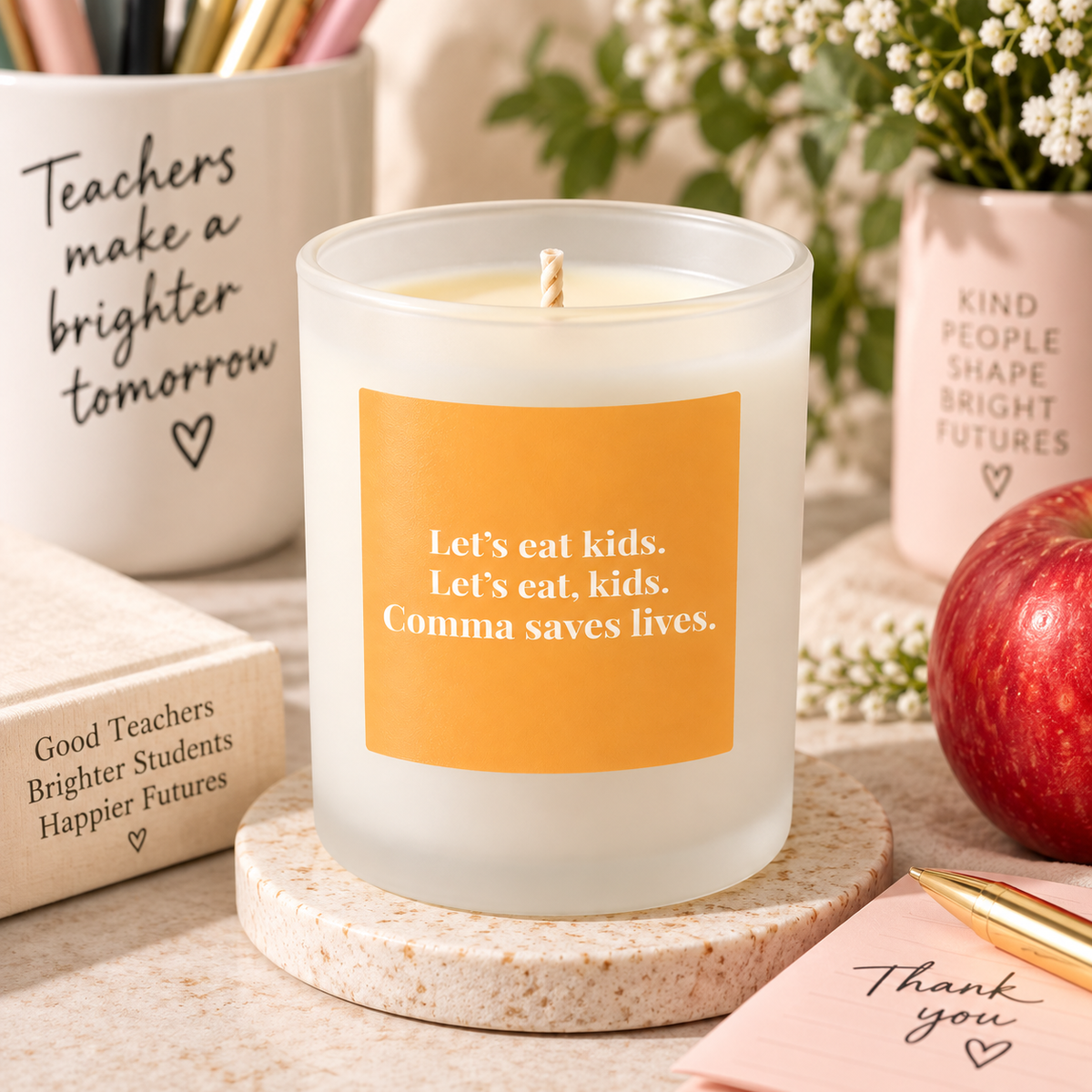 Hand poured 100% Natural Soy English Teacher Candle | Grammar. Let's eat kids. Let's eat, kids. Comma saves lives. | Medium Candle
