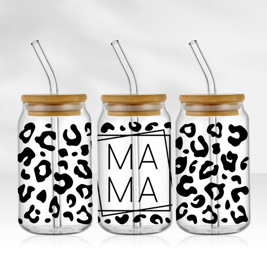 Mama Leopard Print | 16oz Glass Tumbler with Bamboo lid and Straw