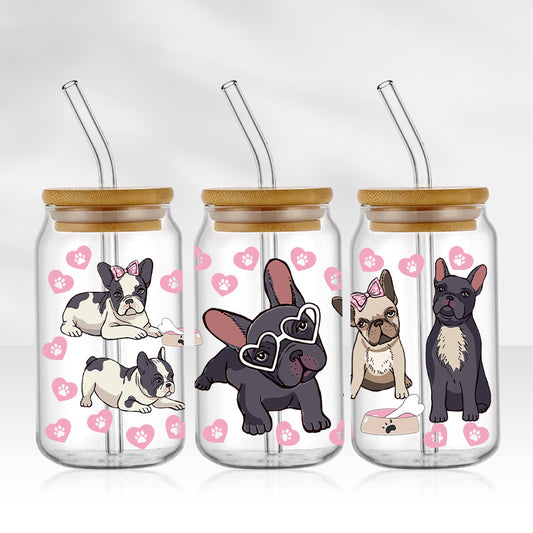 Frenchie Love | 16oz Glass Tumbler with Bamboo lid and Straw