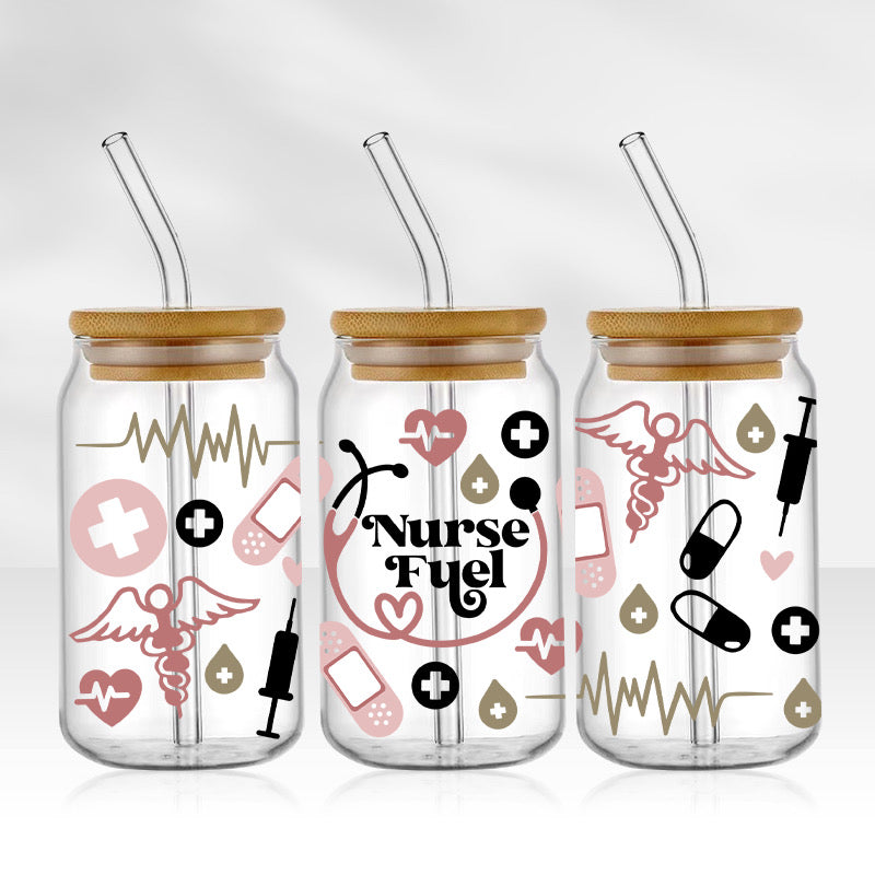Nurse Fuel | 16oz Glass Tumbler with Bamboo lid and Straw
