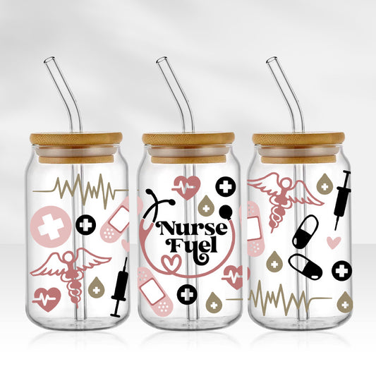 Nurse Fuel | 16oz Glass Tumbler with Bamboo lid and Straw