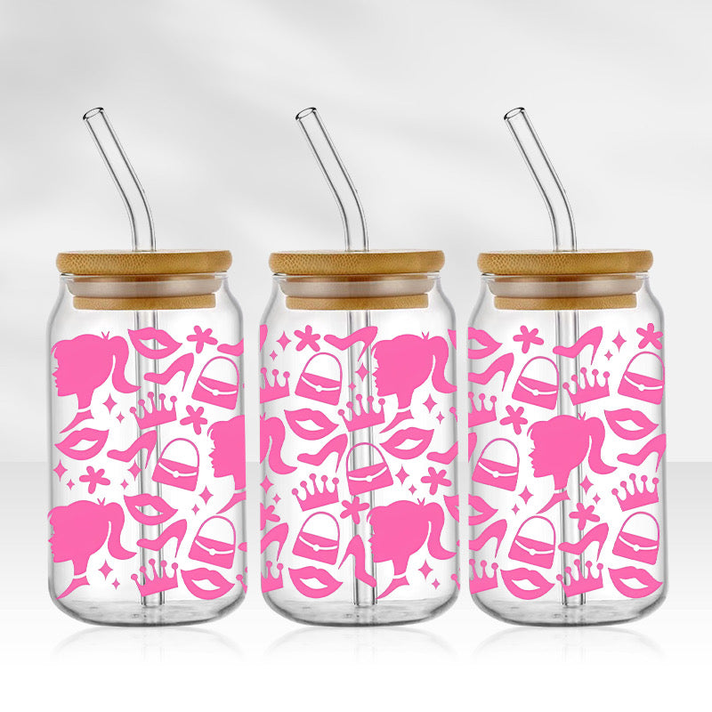 Barbie Print | 16oz Glass Tumbler with Bamboo lid and Straw