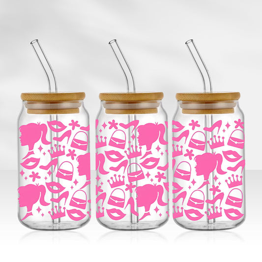 Barbie Print | 16oz Glass Tumbler with Bamboo lid and Straw