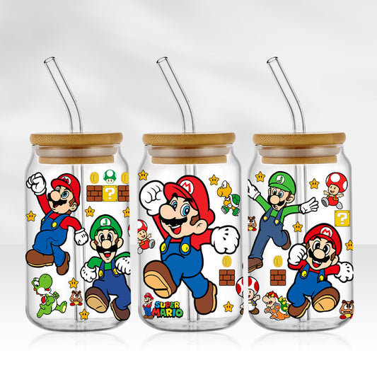 Mario Bros | 16oz Glass Tumbler with Bamboo lid and Straw