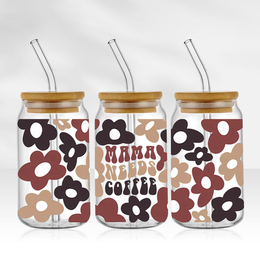 Mama Needs Coffee | 16oz Glass Tumbler with Bamboo lid and Straw