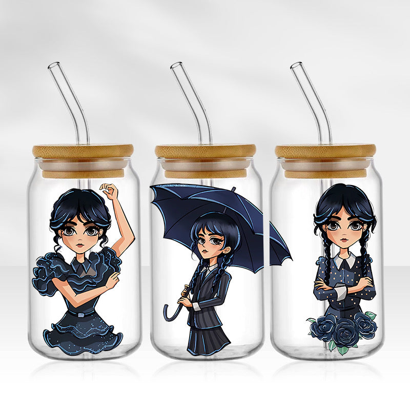 Wednesday Addams | 16oz Glass Tumbler with Bamboo lid and Straw