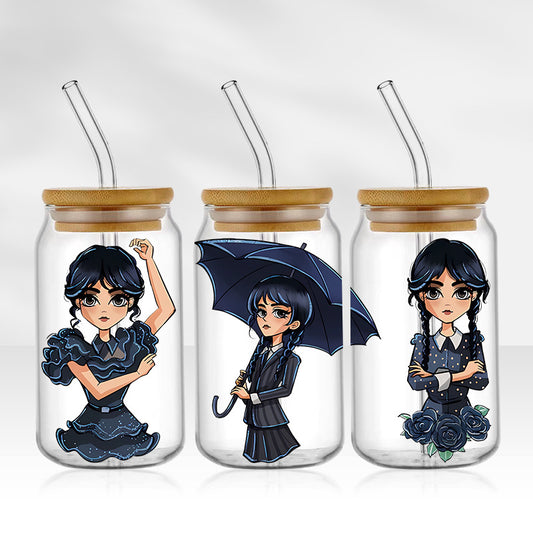 Wednesday Addams | 16oz Glass Tumbler with Bamboo lid and Straw