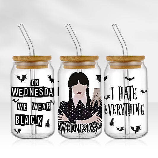 On Wednesday We Wear Black Addams | 16oz Glass Tumbler with Bamboo lid and Straw