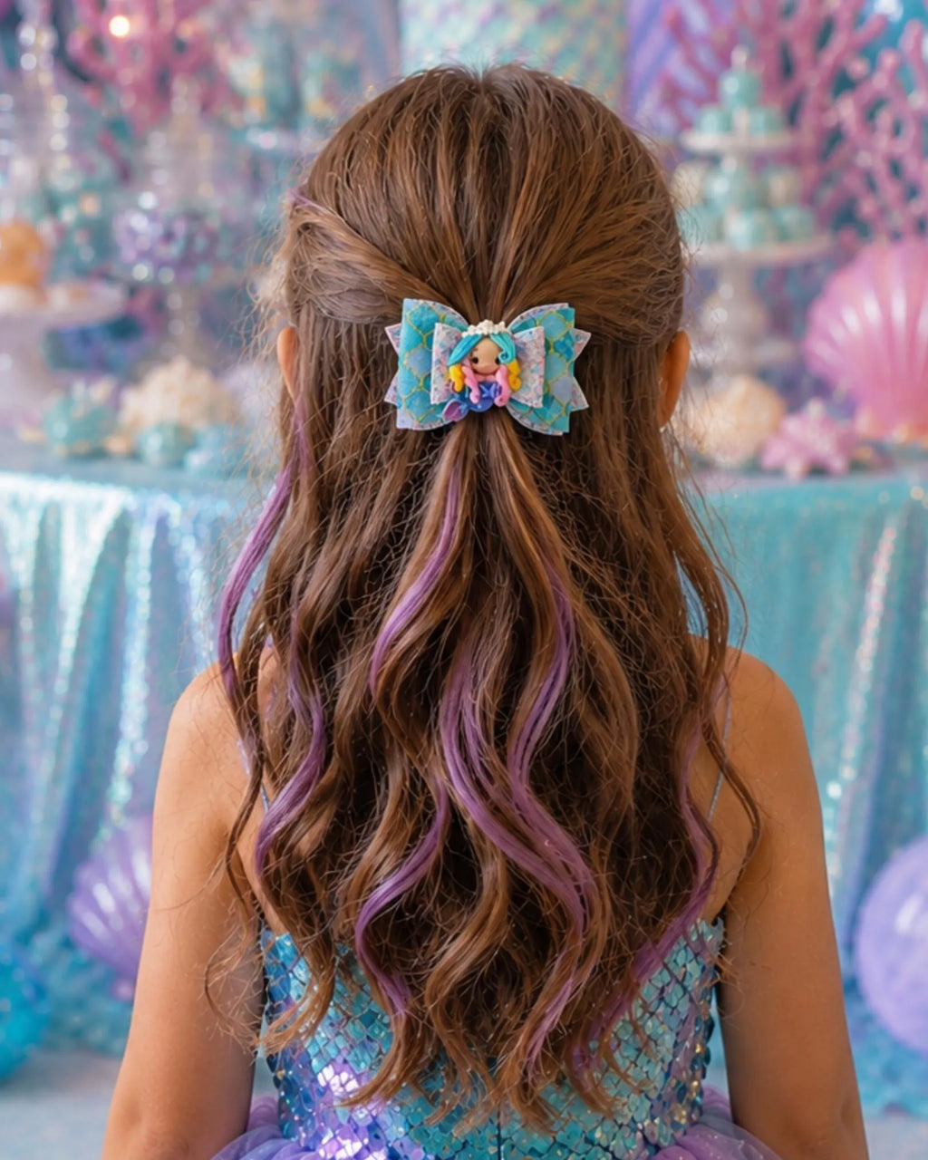 Girl's Faux Leather Mermaid Clay Embellishment Hair Bow | Blue