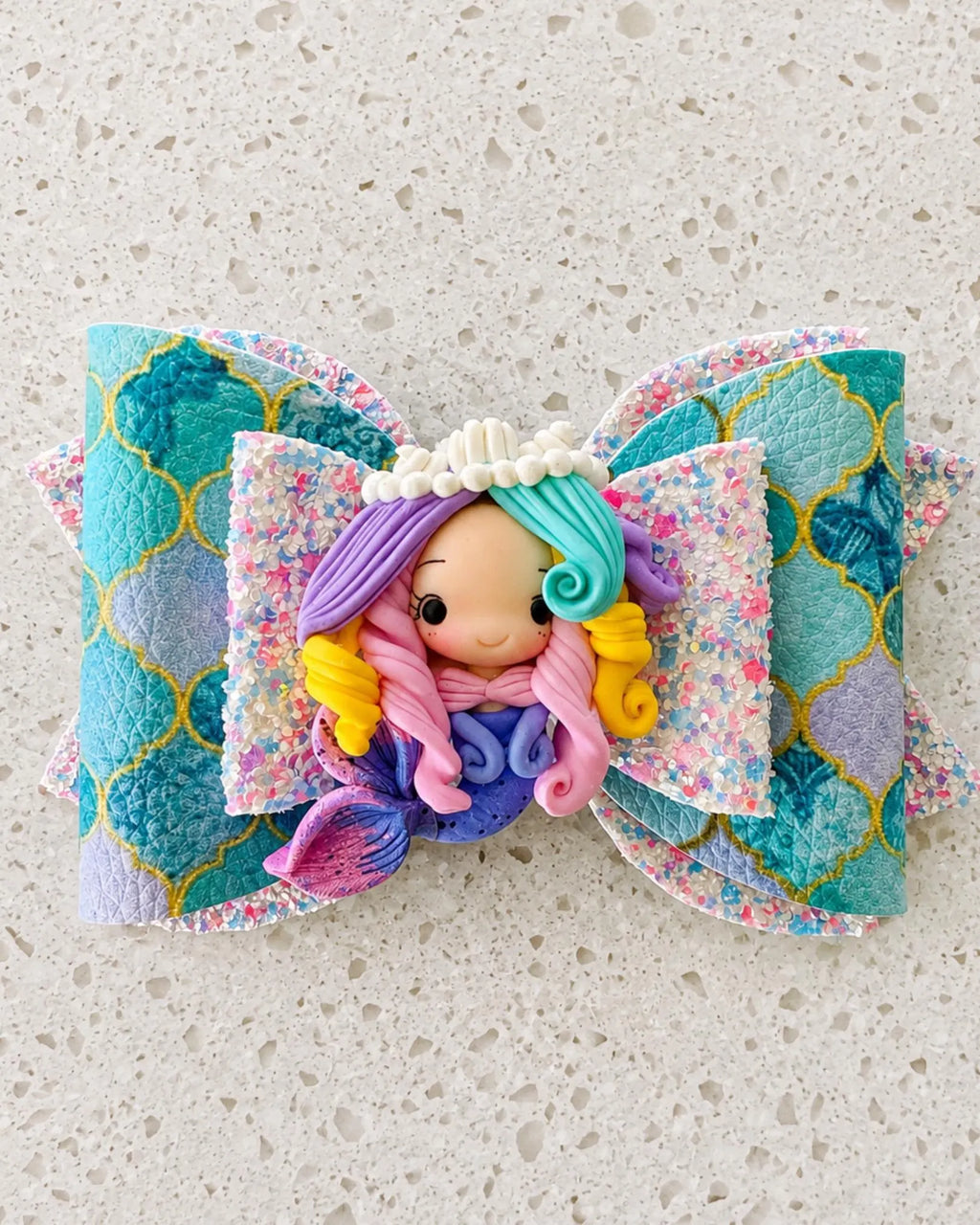 Girl's Faux Leather Mermaid Clay Embellishment Hair Bow | Blue