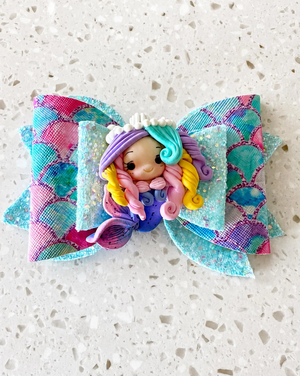 Girl's Faux Leather Mermaid Clay Embellishment Hair Bow | Pink