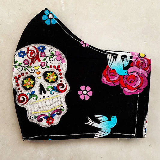 Sugar Skull Handmade Fabric Face Mask 100% Cotton Reusable with Filter Pocket For Adults & Children