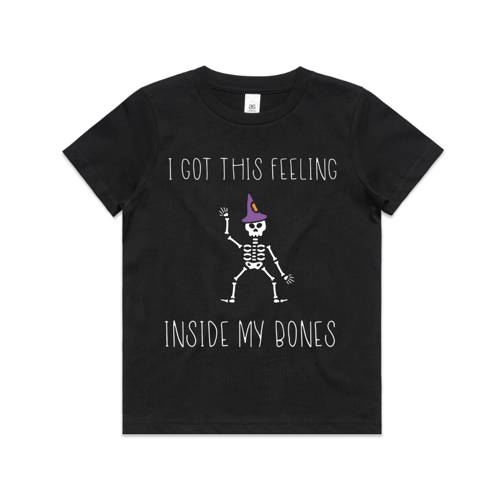 Black T-Shirt with a white skeleton wearing a purple and orange witch's hat. T-shirt says I got this feeling inside my bones.