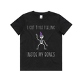 Black T-Shirt with a white skeleton wearing a purple and orange witch's hat. T-shirt says I got this feeling inside my bones.