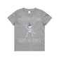 Grey t-shirt with white skeleton with purple and orange witch's hat. T-shirt has white writing that says I got this feeling inside my bones