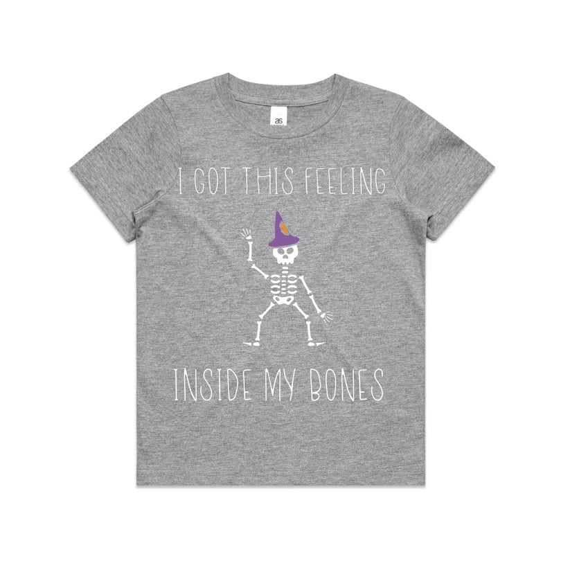 Grey t-shirt with white skeleton with purple and orange witch's hat. T-shirt has white writing that says I got this feeling inside my bones