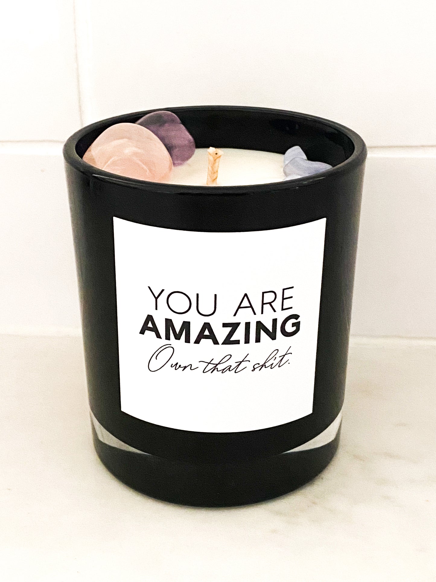 Crystal Infused 100% Soy Wax Hand Poured Medium Candle | Amethyst | Rose Quartz | Blue Chalcedony | Anxiety | Calm | Love | Healing