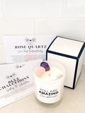 Crystal Infused 100% Soy Wax Hand Poured Medium Candle | Amethyst | Rose Quartz | Blue Chalcedony | Anxiety | Calm | Love | Healing