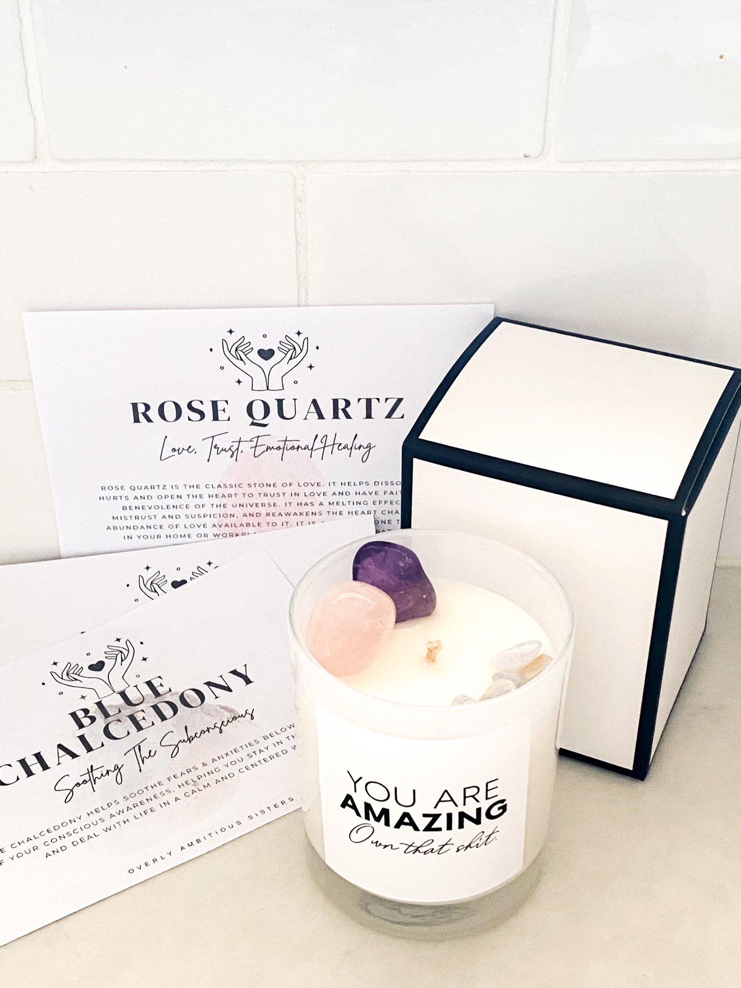 Crystal Infused 100% Soy Wax Hand Poured Medium Candle | Amethyst | Rose Quartz | Blue Chalcedony | Anxiety | Calm | Love | Healing