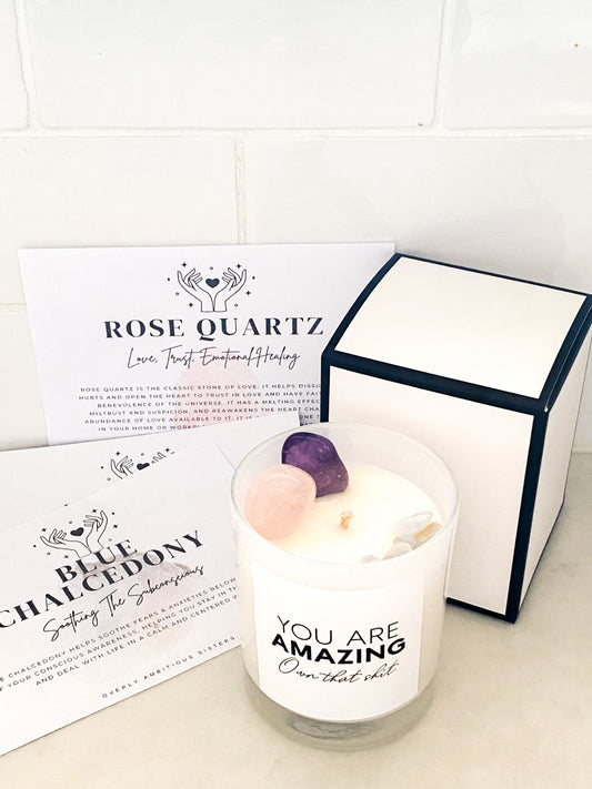 Crystal Infused 100% Soy Wax Hand Poured Medium Candle | Amethyst | Rose Quartz | Blue Chalcedony | Anxiety | Calm | Love | Healing