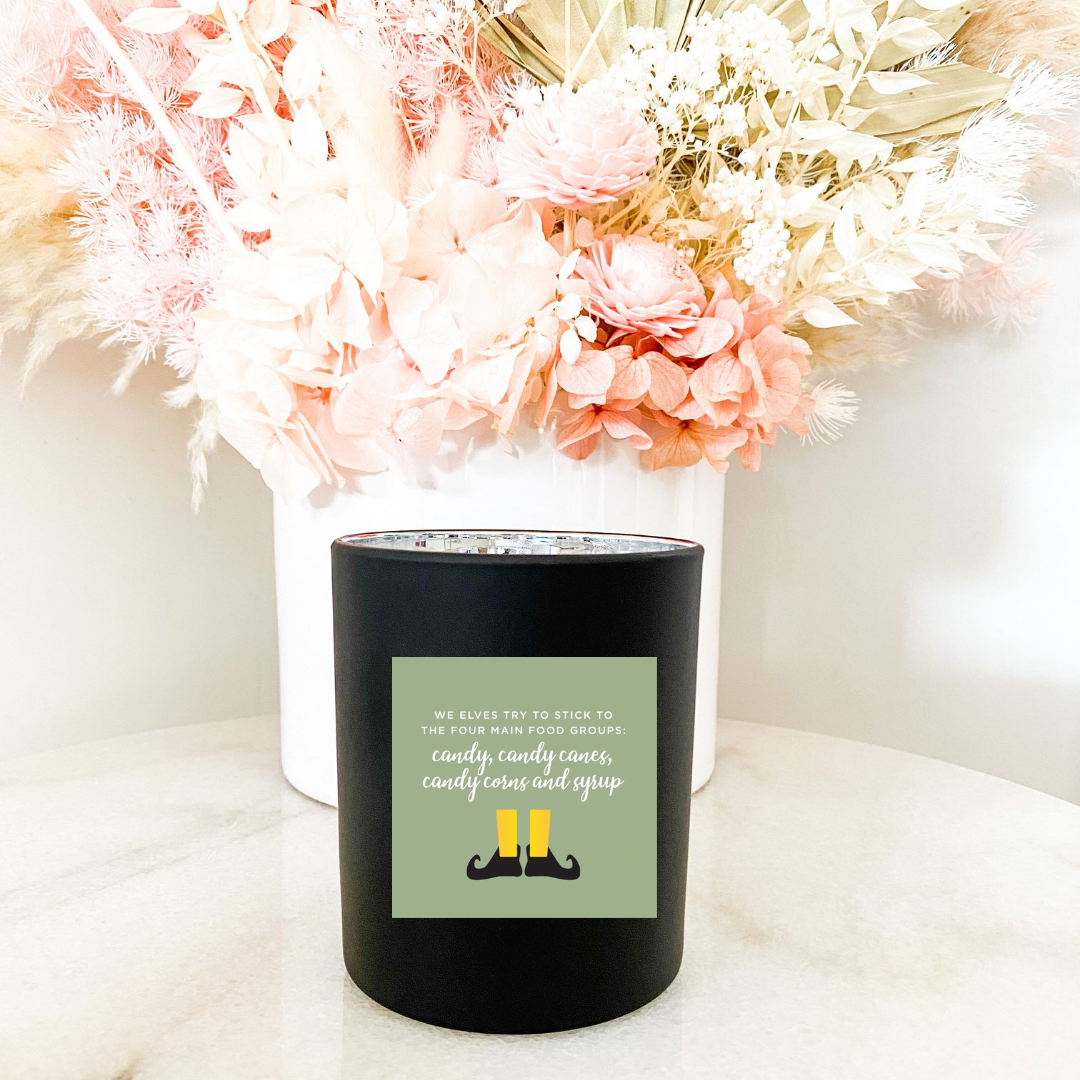 Hand poured 100% Natural Soy Christmas Candle | Elf Four Main Food Groups Candy Canes, Candy Corn and Syrup | Medium Candle