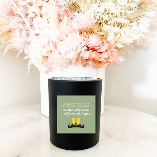 Hand poured 100% Natural Soy Christmas Candle | Elf Four Main Food Groups Candy Canes, Candy Corn and Syrup | Medium Candle