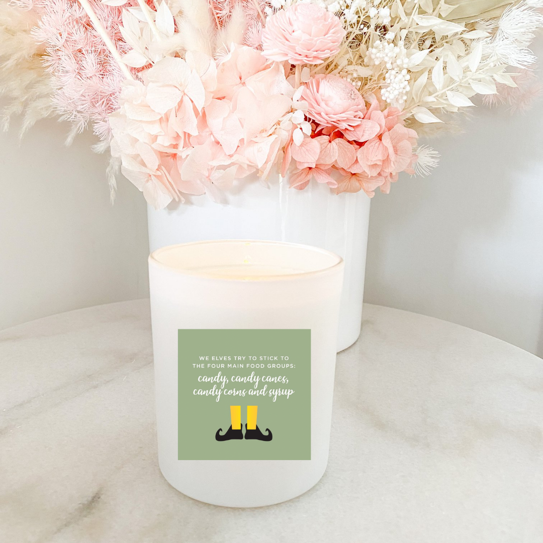 Hand poured 100% Natural Soy Christmas Candle | Elf Four Main Food Groups Candy Canes, Candy Corn and Syrup | Medium Candle