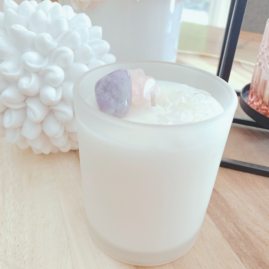 Crystal Infused 100% Soy Wax Hand Poured Medium Candle | Amethyst | Rose Quartz | Clear Quartz | Anxiety | Peace | Calm | Love | Healing