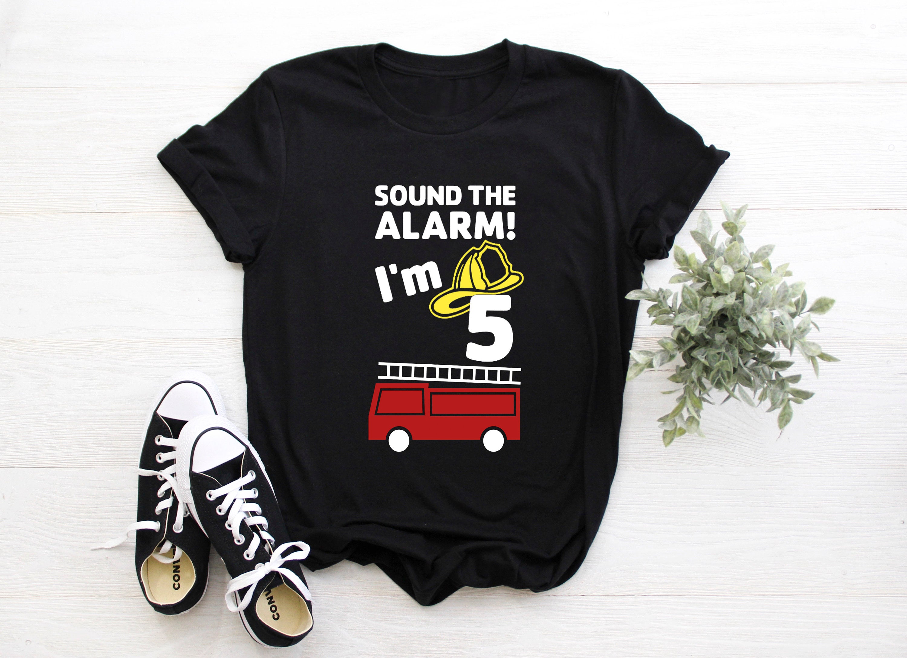 Kid's  "Sound the Alarm! I'm (Insert Age)" Fire Truck Birthday T-Shirt