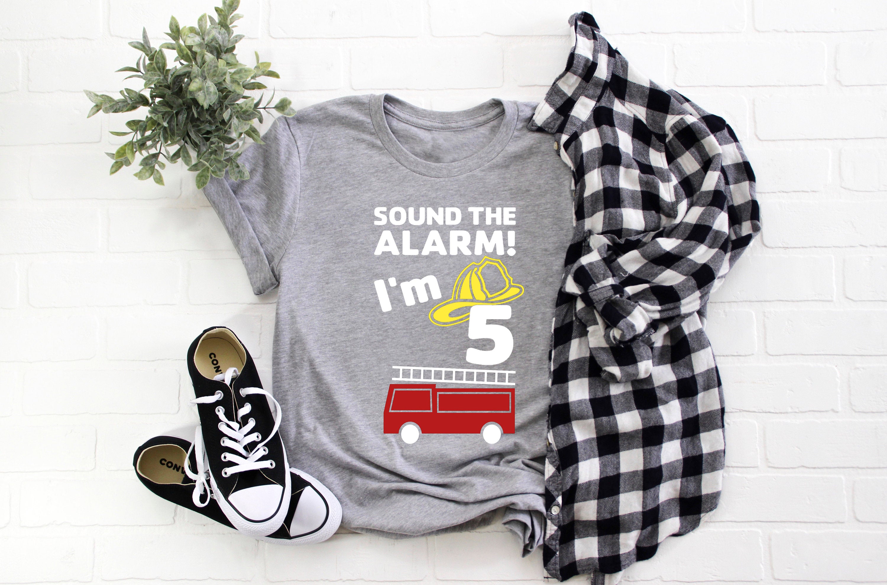 Kid's  "Sound the Alarm! I'm (Insert Age)" Fire Truck Birthday T-Shirt