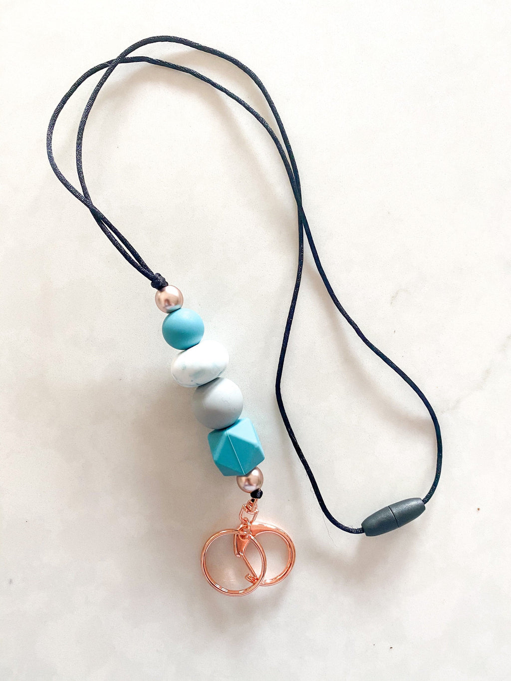 Silicone Bead Lanyard with Rose Gold or Gunmetal Keyring and Clip Teacher Gift