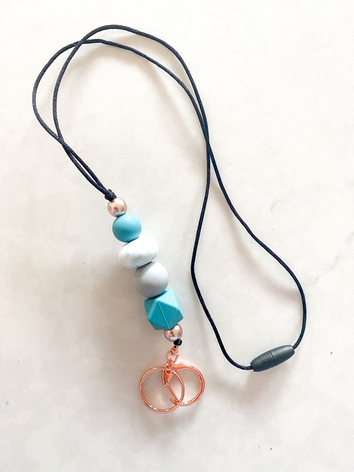 Silicone Bead Lanyard with Rose Gold or Gunmetal Keyring and Clip Teacher Gift