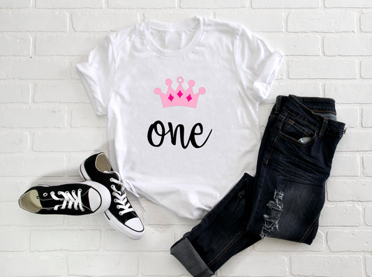 Baby First Birthday Romper/ T-Shirt "One" Crown Princess