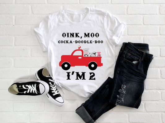 Kid's "Oink Moo Cock-A-Doodle Doo I'm 2" 2nd Birthday T-Shirt