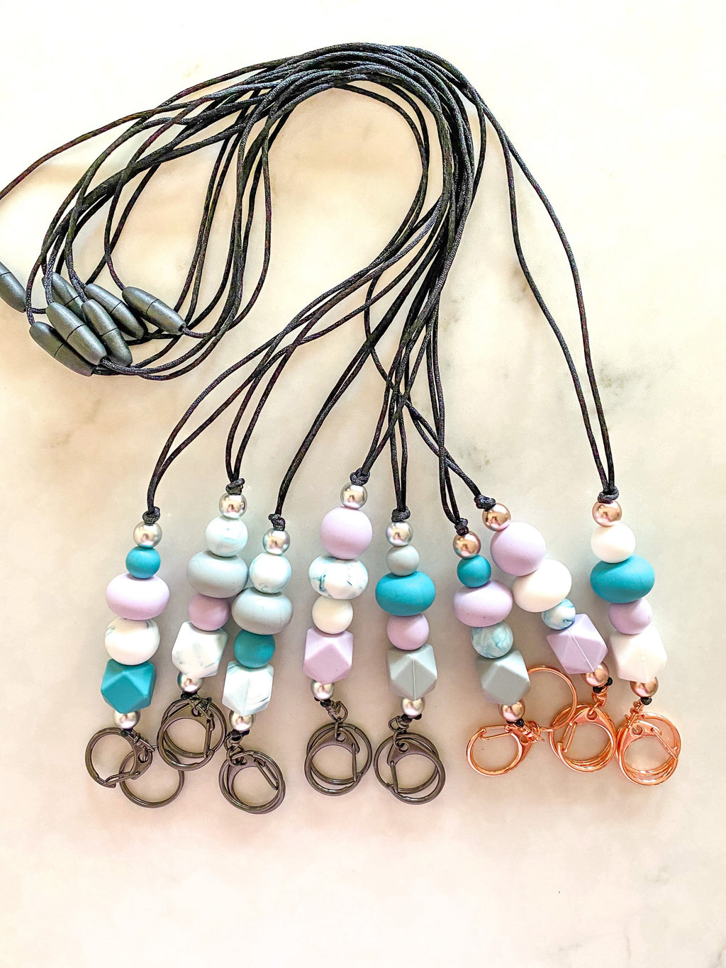 Silicone Bead Lanyard with Rose Gold or Gunmetal Keyring and Clip Teacher Gift