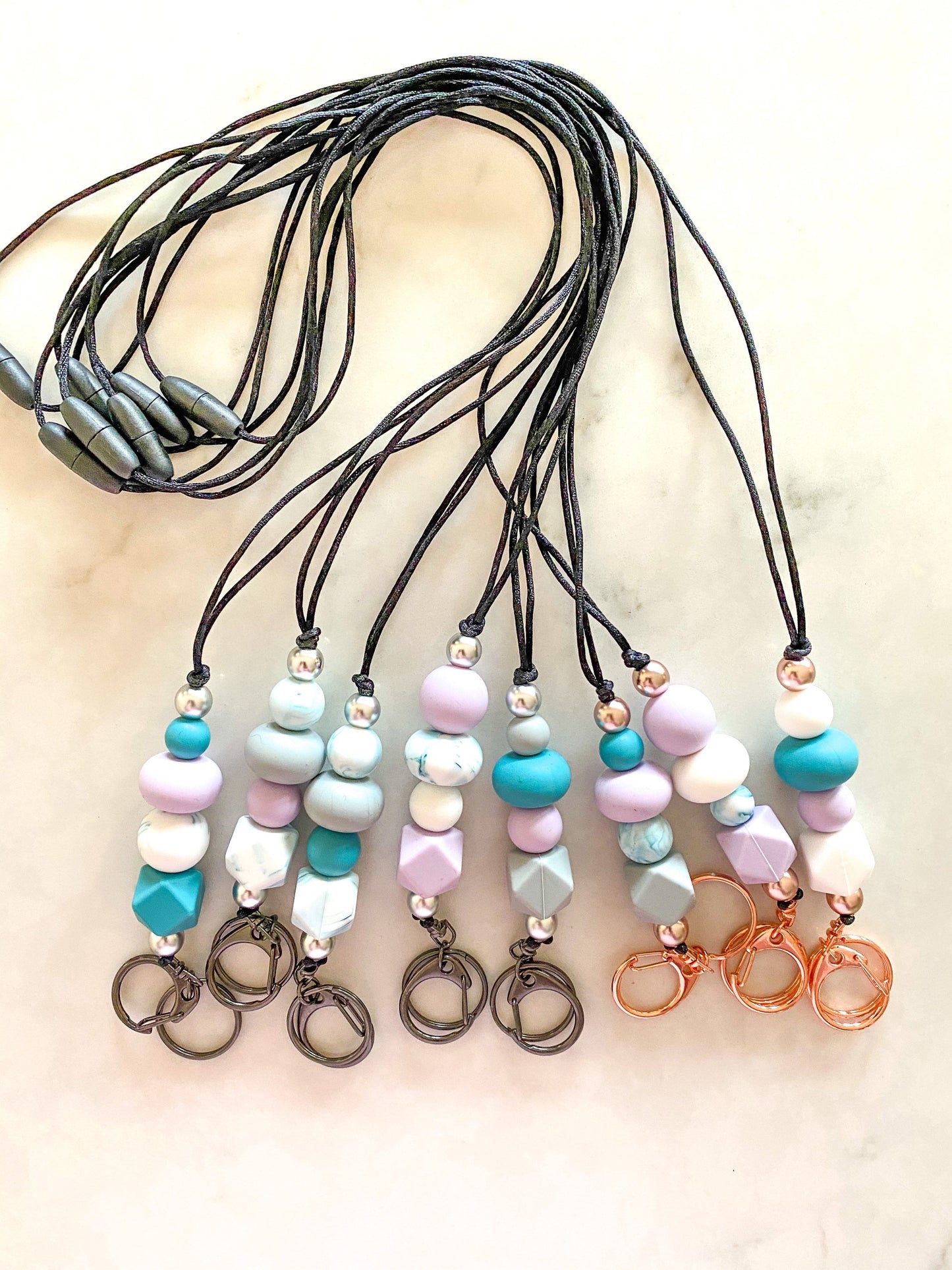 Silicone Bead Lanyard with Rose Gold or Gunmetal Keyring and Clip Teacher Gift