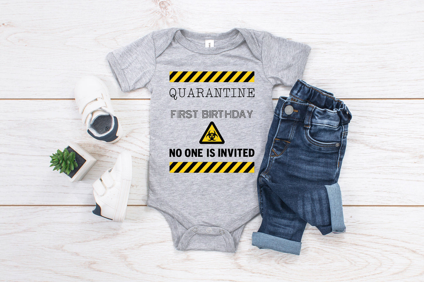 Baby First Birthday Romper/ T-Shirt "Quarantine First Birthday No One Is Invited"