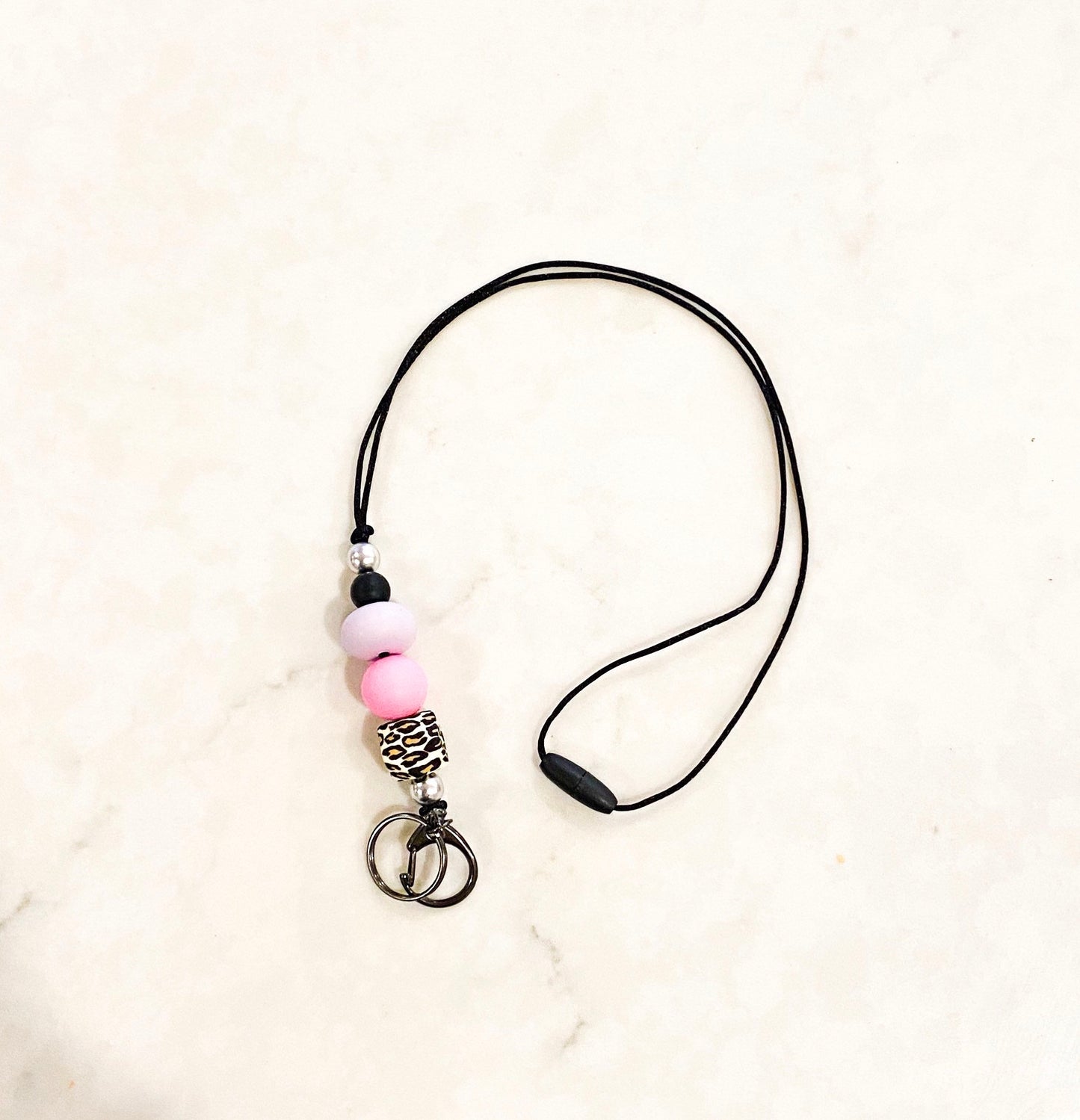 Silicone Bead Lanyard with Rose Gold or Gunmetal Keyring and Clip Teacher Gift