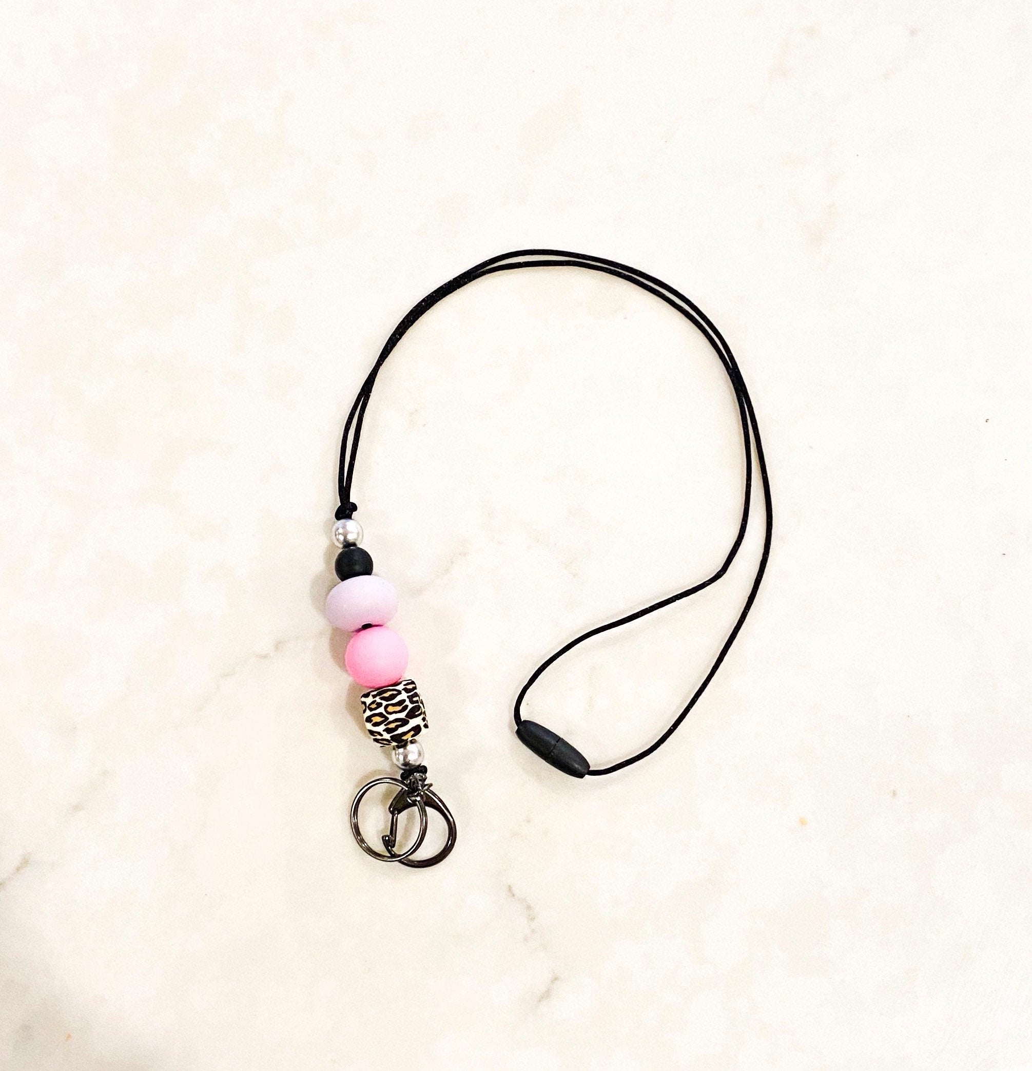 Silicone Bead Lanyard with Rose Gold or Gunmetal Keyring and Clip Teacher Gift
