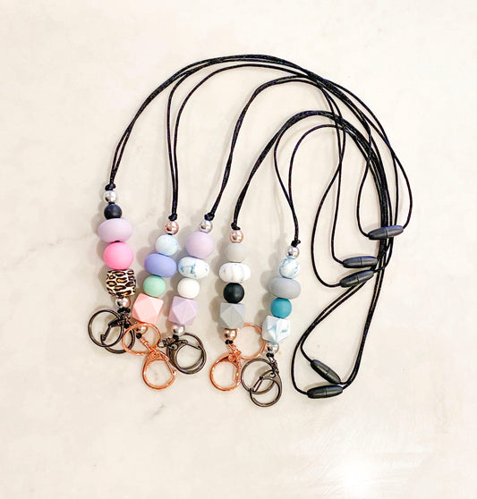 Silicone Bead Lanyard with Rose Gold or Gunmetal Keyring and Clip Teacher Gift