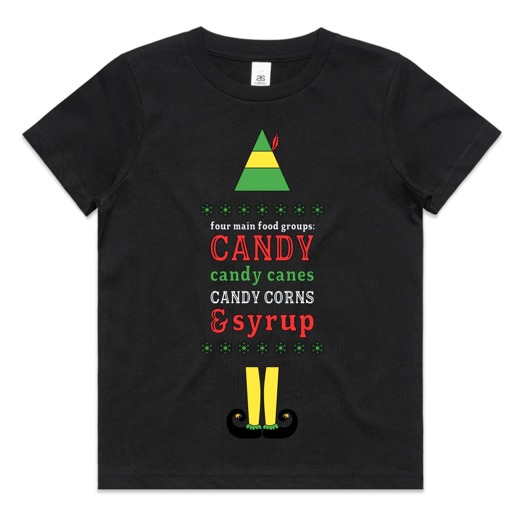 Four Main Food Groups Candy, Candy Canes, Candy Corn & Syrup Elf Christmas Baby/ Kids and Adult T-shirt/ Romper