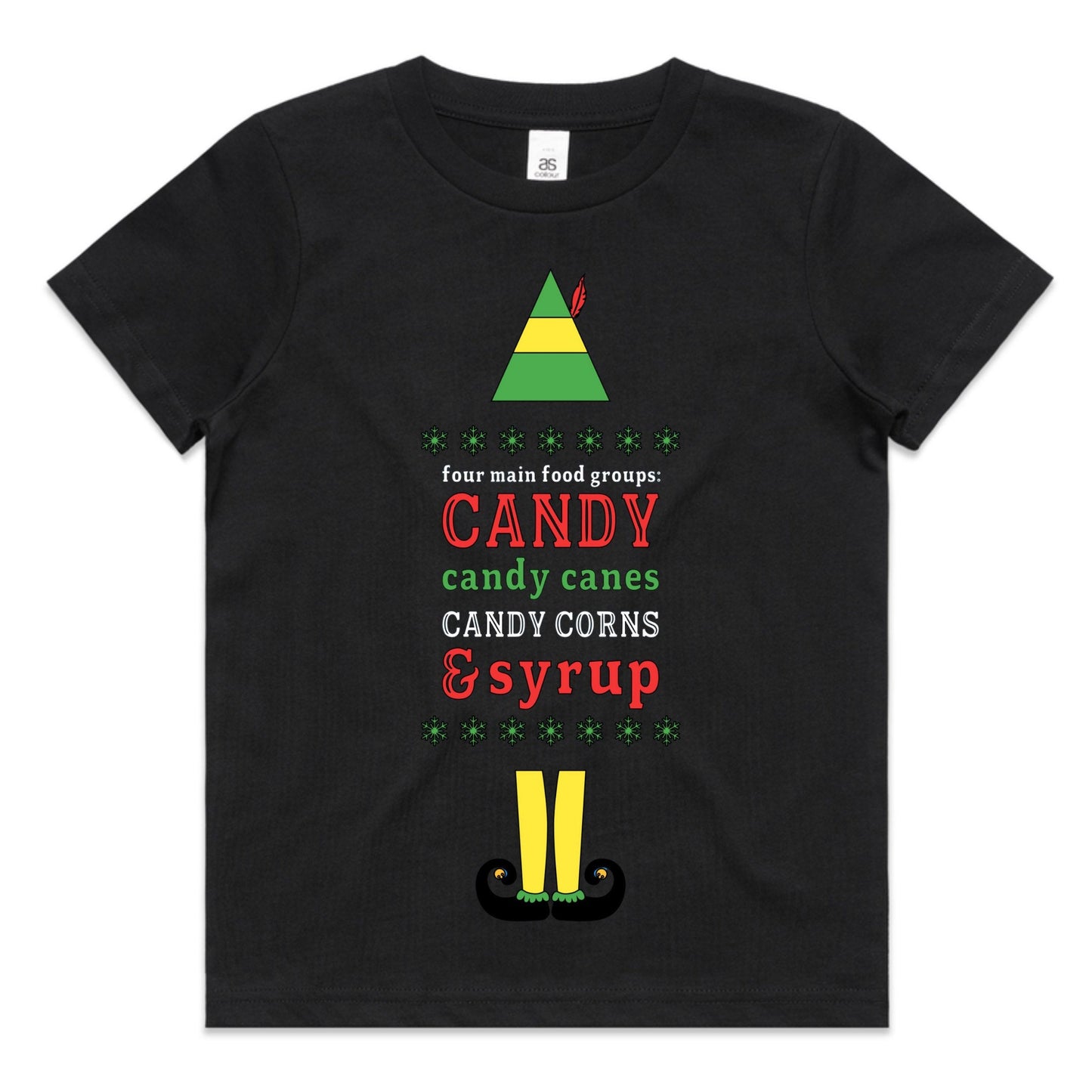 Four Main Food Groups Candy, Candy Canes, Candy Corn & Syrup Elf Christmas Baby/ Kids and Adult T-shirt/ Romper