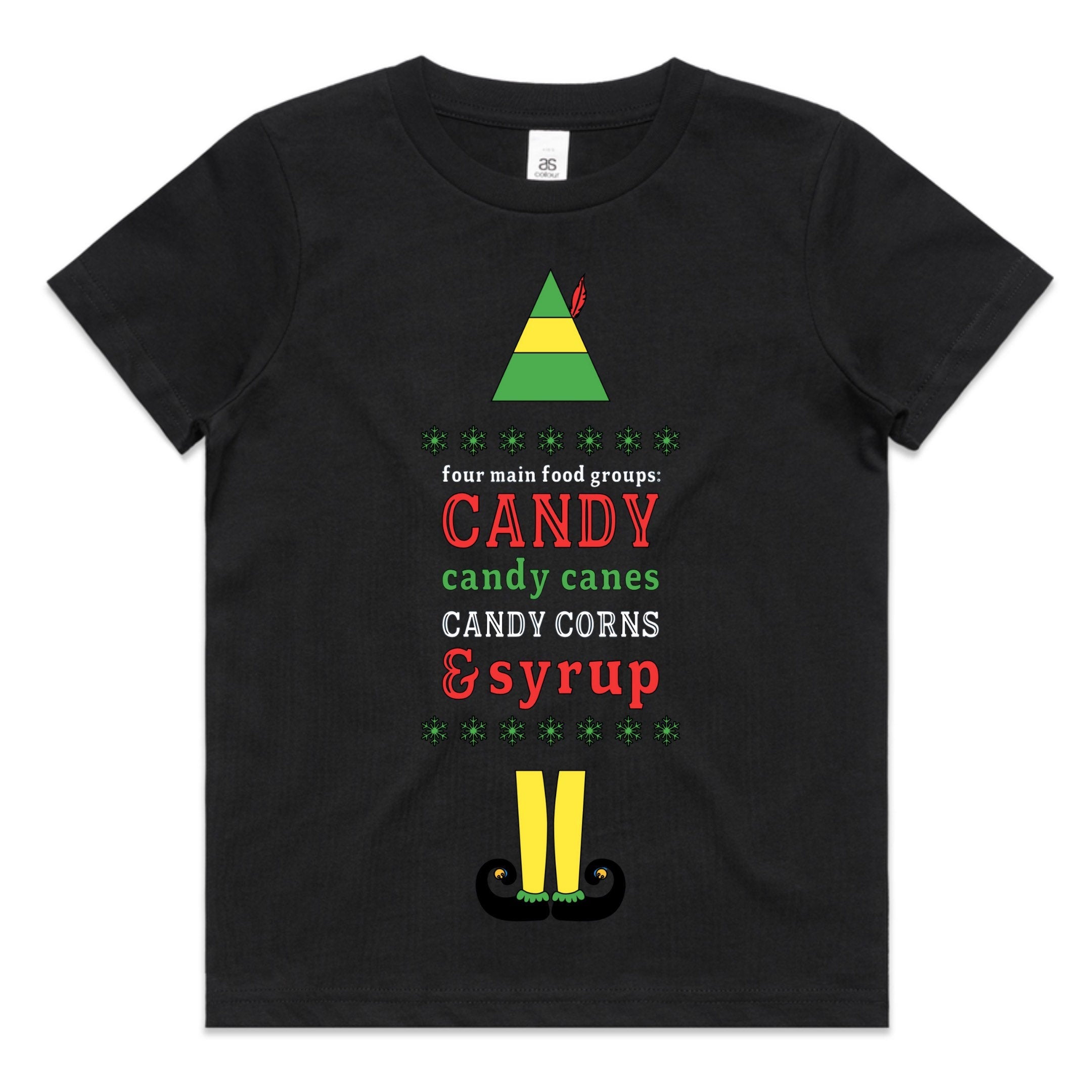 Four Main Food Groups Candy, Candy Canes, Candy Corn & Syrup Elf Christmas Baby/ Kids and Adult T-shirt/ Romper