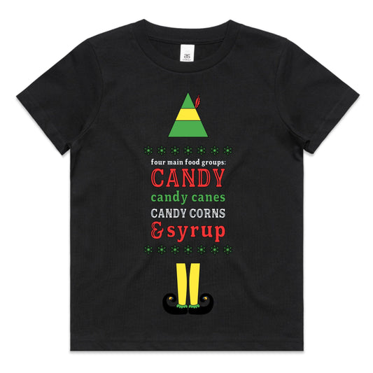 Four Main Food Groups Candy, Candy Canes, Candy Corn & Syrup Elf Christmas Baby/ Kids and Adult T-shirt/ Romper