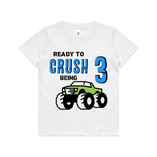 Kid's "Ready to Crush Being (Insert Age)" Monster Truck Birthday T-Shirt