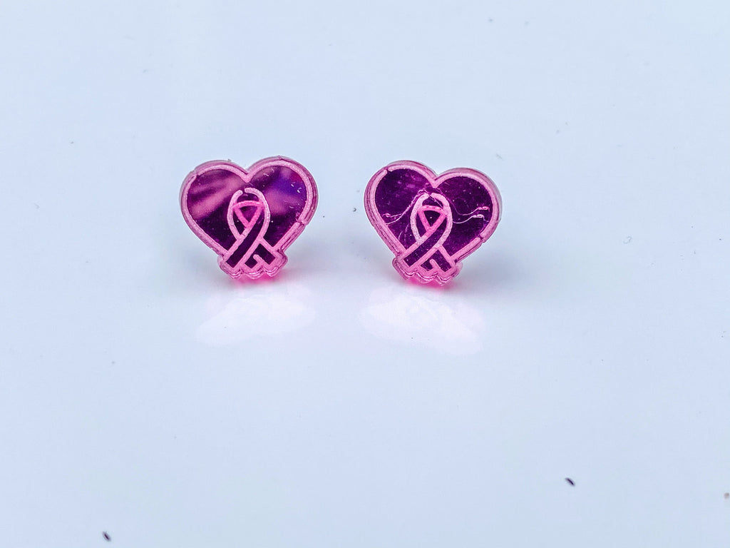 Breast Cancer Support Pink Ribbon Mirror Finish Acrylic Stud Earrings